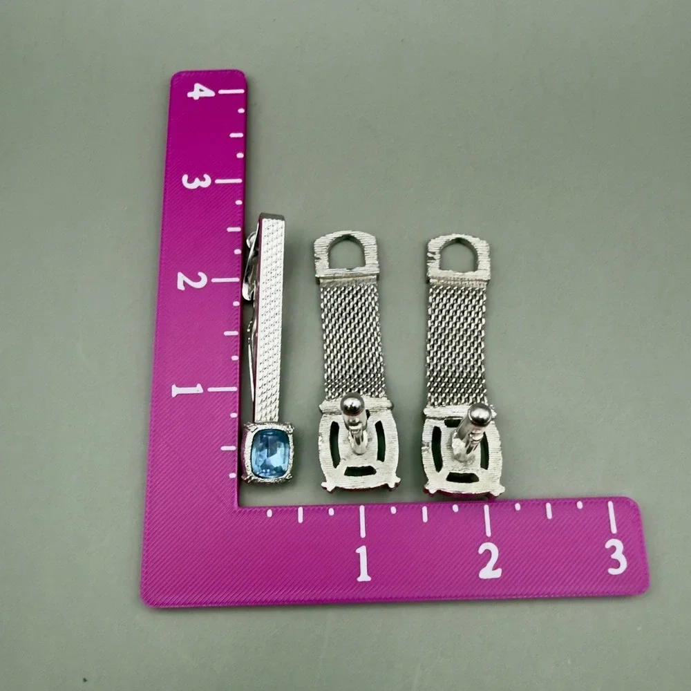 Swank Cufflinks Tie Clip Set Silver Tone Blue Rhinestone Mesh Wrap Men Accessory